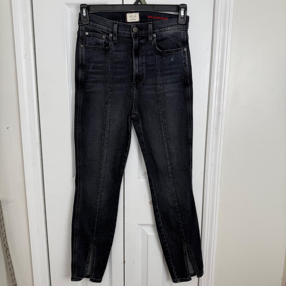 Alice + Olivia AO.LA Jeans 29 Black High Rise Split Hem Front Seam Skinny Edgy‎